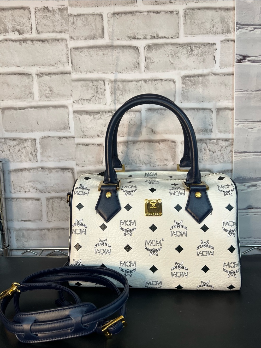 MCM White Logo Satchel with Navy Trim and Gold Hardware with Sling
